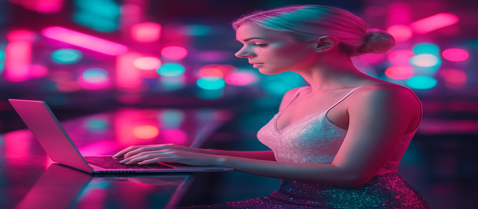 নিয়ন আলোয় বসে একজন নারী L44 এভিয়েটর গেম খেলছেন