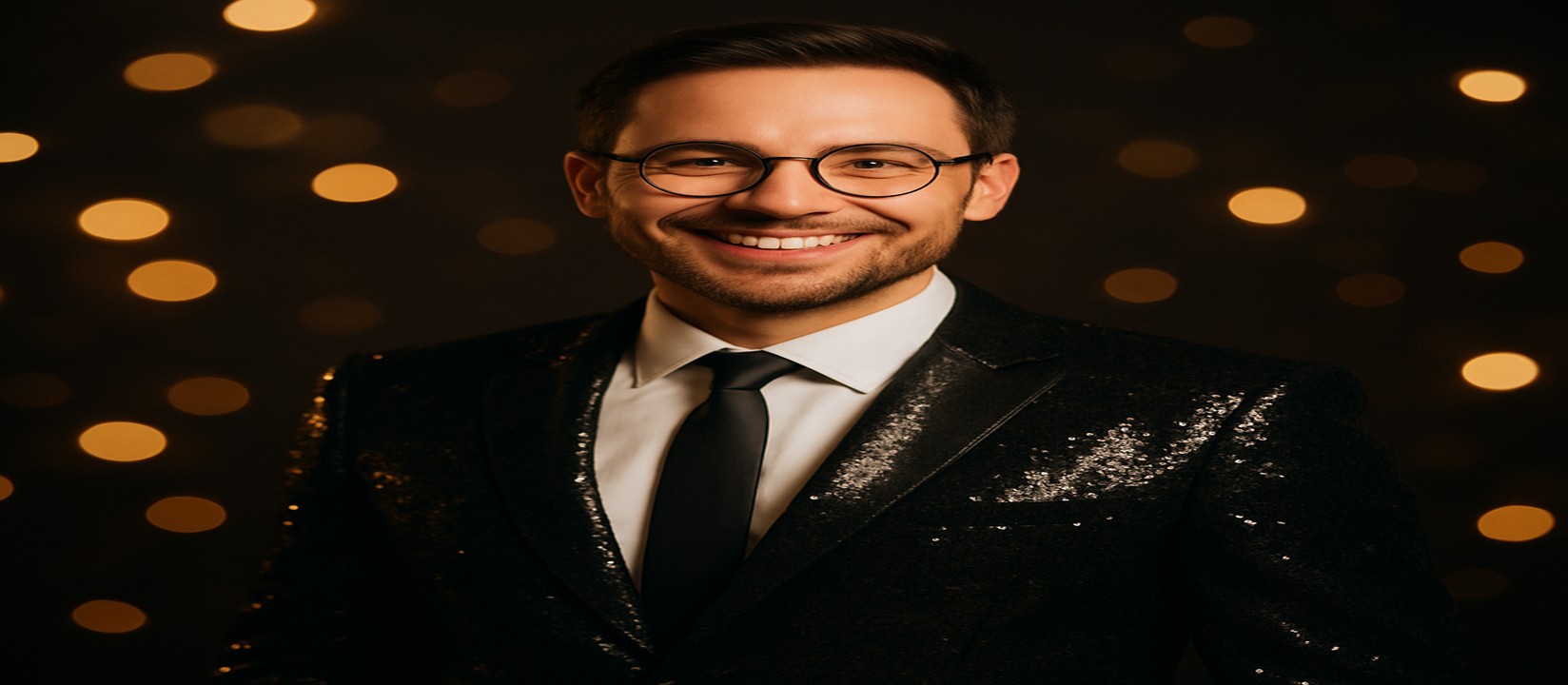 একজন আত্মবিশ্বাসী ব্যক্তি কালো স্যুট পরে, চারপাশে ঝলমলে সোনালি আলো