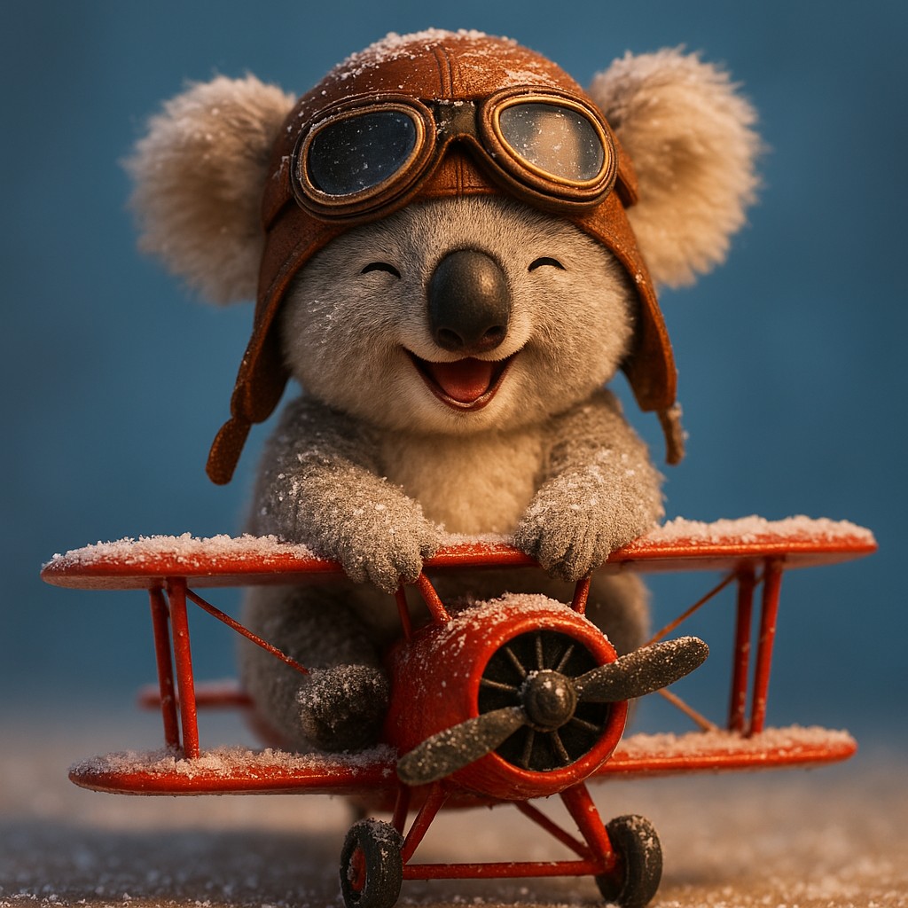 L44 ব্র্যান্ডের লাল প্রপেলার বিশিষ্ট বিমানে আকাশে উড়ছেন কার্টুন-স্টাইলের পাইলট