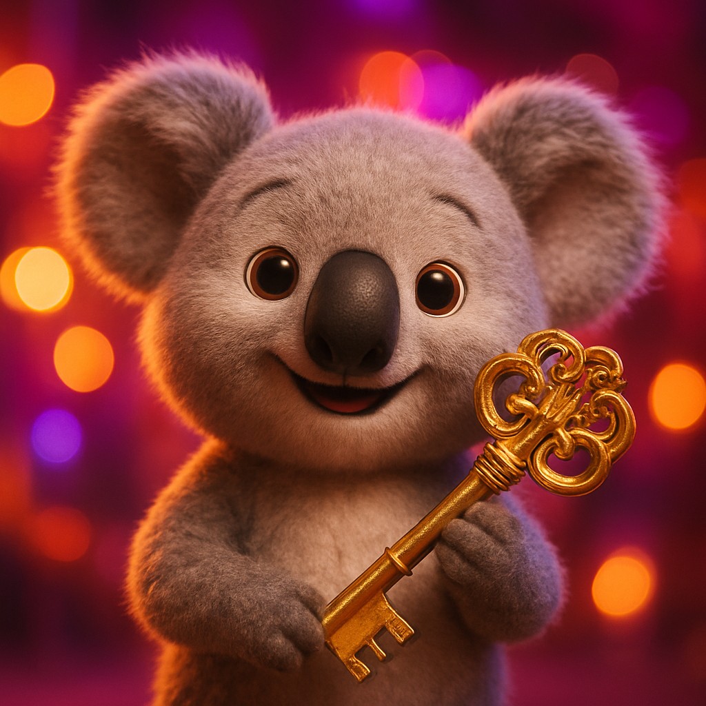 L44 ব্র্যান্ডের উজ্জ্বল গেমিং পটভুমিতে সোনালি চাবি হাতে হাসিখুশি চরিত্রটি