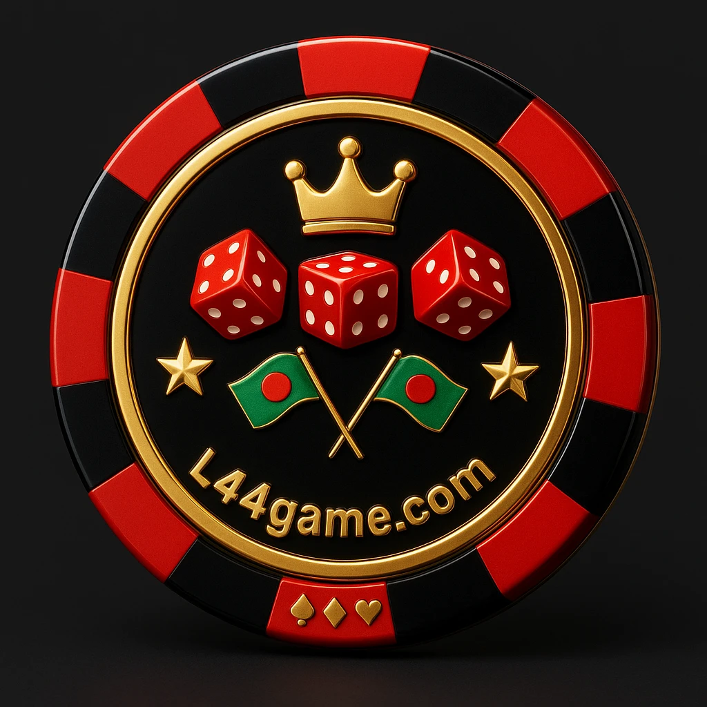 L44 লোগোসহ সোনালি গেমিং প্ল্যাটফর্ম চিপ, মুকুট, পাশা, তারা, বাংলাদেশের পতাকা ও কার্ডের চিহ্ন