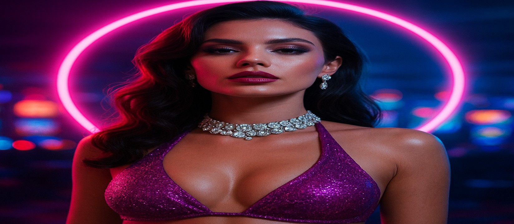 L44 লোগোর সাথে ঝলমলে বেগুনি পোশাকে এক নারী, পেছনে আলোকিত রুলেট চাকা ও উড়ে থাকা গেমিং প্ল্যাটফর্ম চিপ