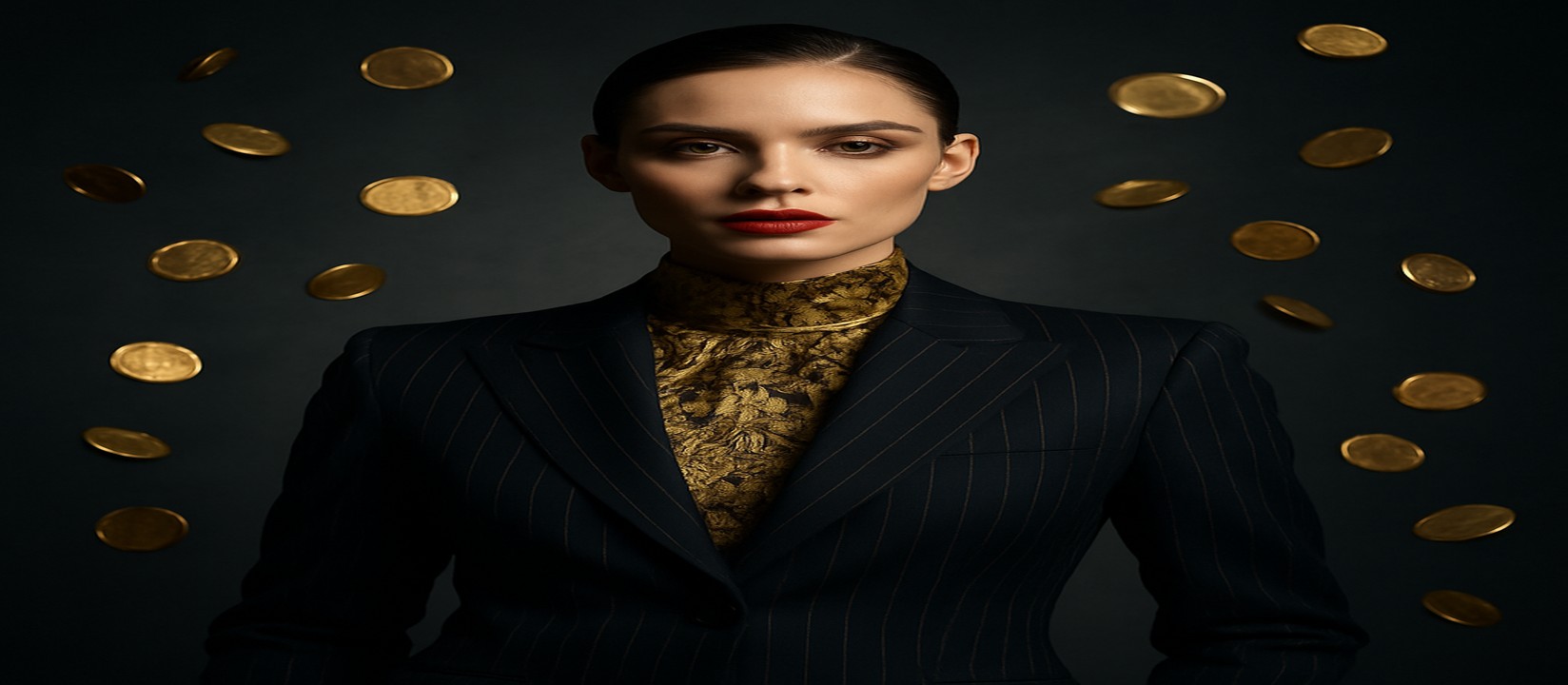 কালো ডোরাকাটা পোশাকে এক নারী, সোনালি আভায় ভাসমান, চারপাশে সোনার কয়েন