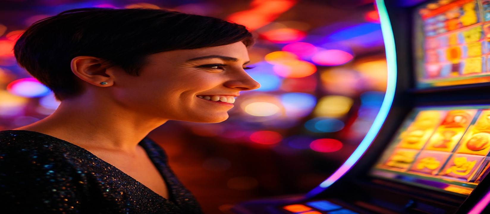 L44 রঙিন আলোয় হাস্যোজ্জ্বল নারী আর্কেড গেম খেলছেন